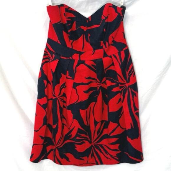 Shoshanna Mia Fiji Strapless Cocktail Dress Sz 4 Red Navy Palm - Picture 4 of 6